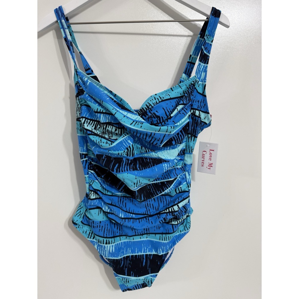 Love My Curves Style‎ 344 Size 16 1x One Piece Swimsuit Resort Beach Blue NWT
